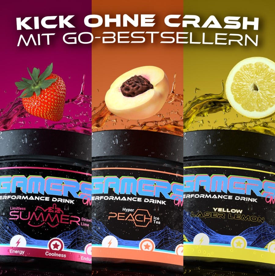 Farbenfrohes Design für einen leistungssteigernden Getränk mit verschiedenen Fruchtgeschmäckern.