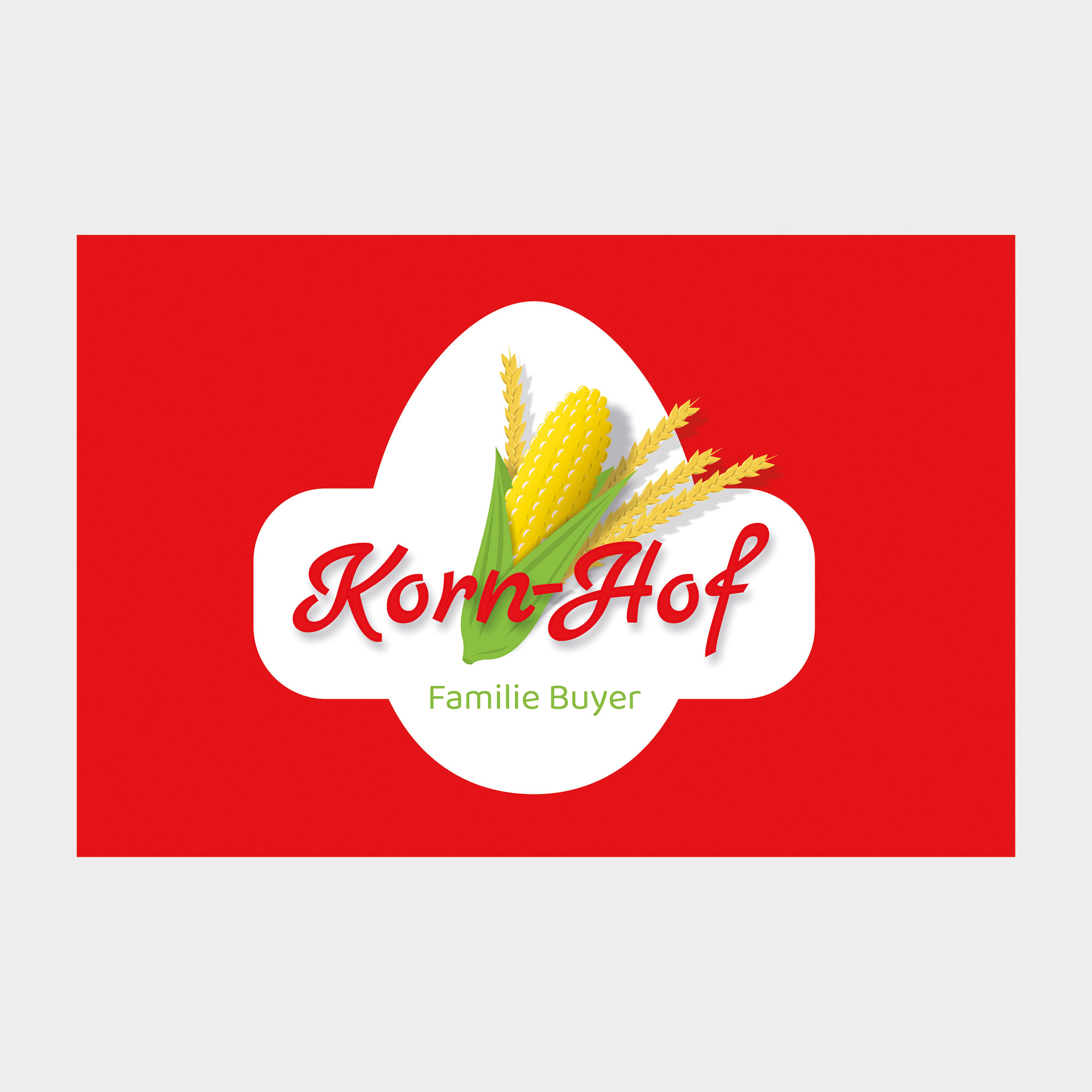 Logo für Korn-Hof mit Mais und Weizen auf rotem Hintergrund. Familie Buyer.