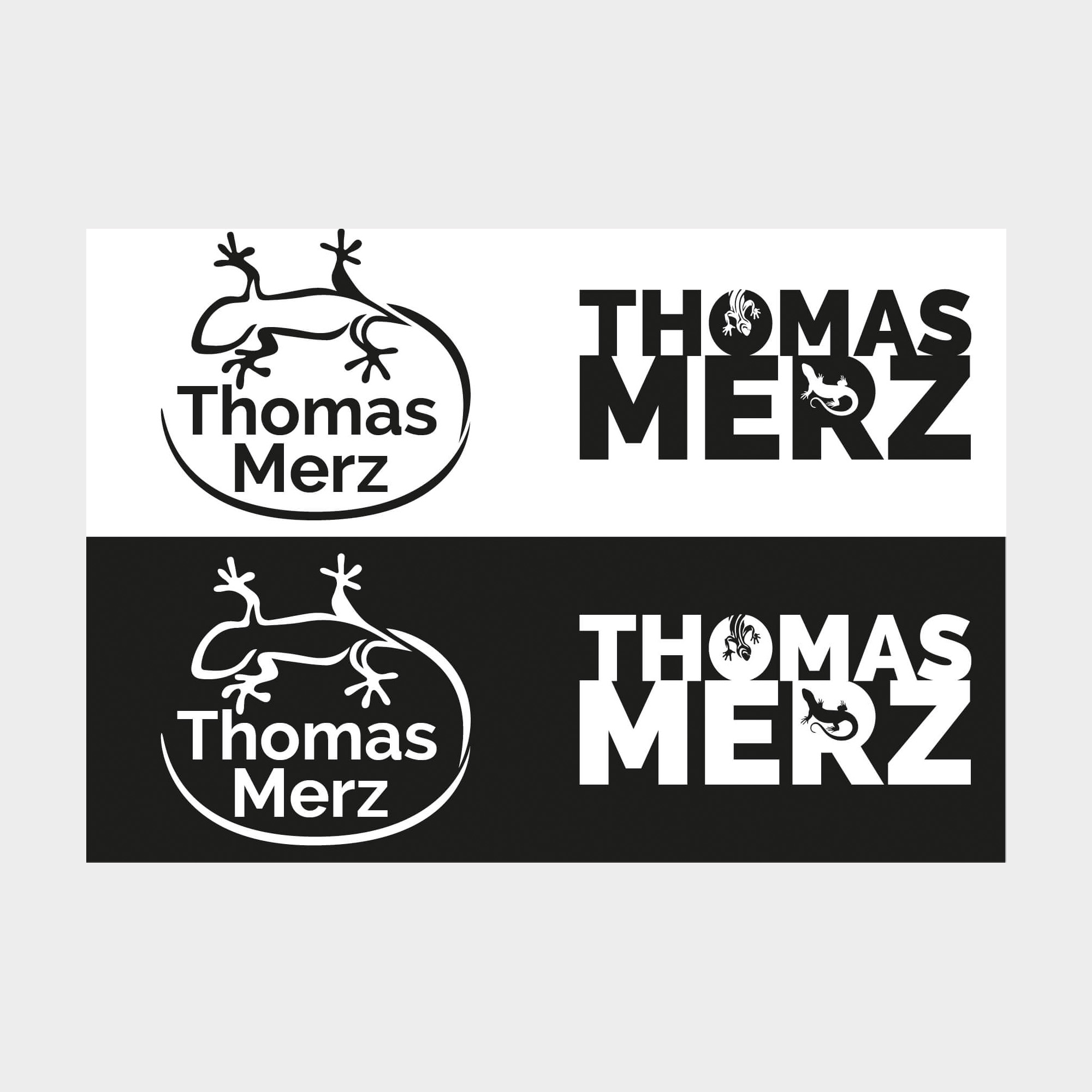 Zwei Logovarianten von Thomas Merz mit einem Gecko-Logo in schwarz-weiß.
