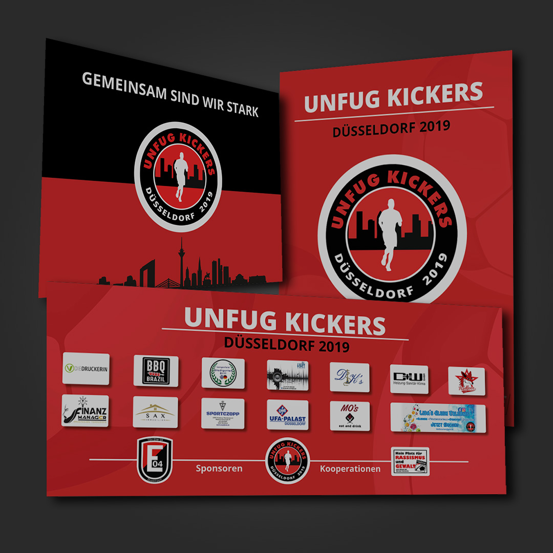Logo und Informationen zu Unfug Kickers Düsseldorf 2019 mit Sponsoren und Kooperationspartnern.