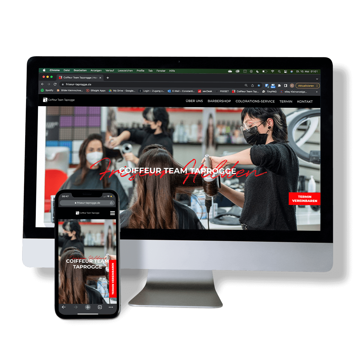 Webseite eines Friseursalons zeigt Kundenservice auf Computer und Smartphone.