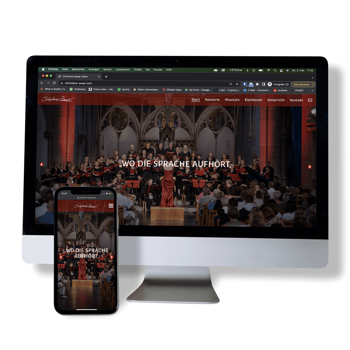 Website von Christiane Sauer mit Konzerthintergrund und Mobilansicht.