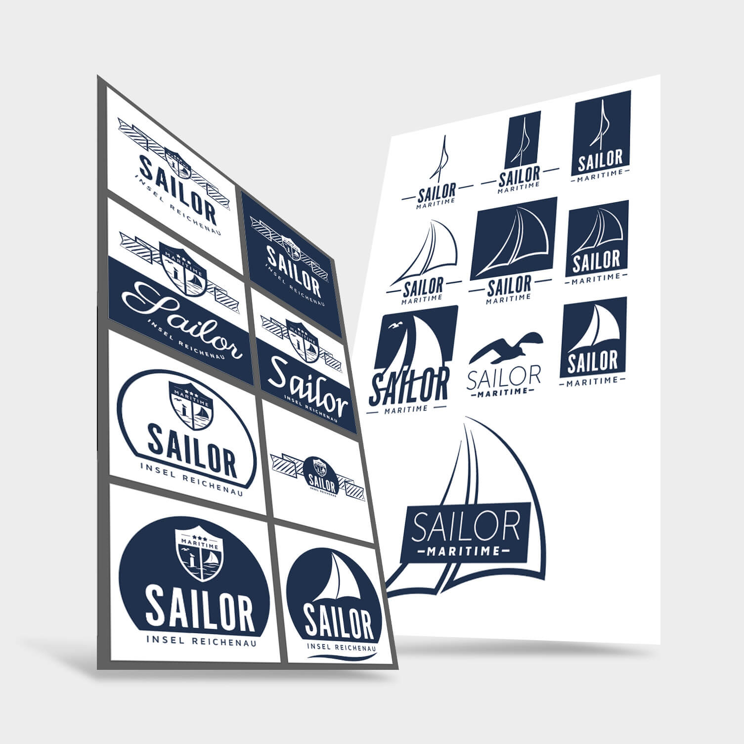 Verschiedene maritime Logos mit dem Wort "Sailor" in verschiedenen Designs und Schriftarten.