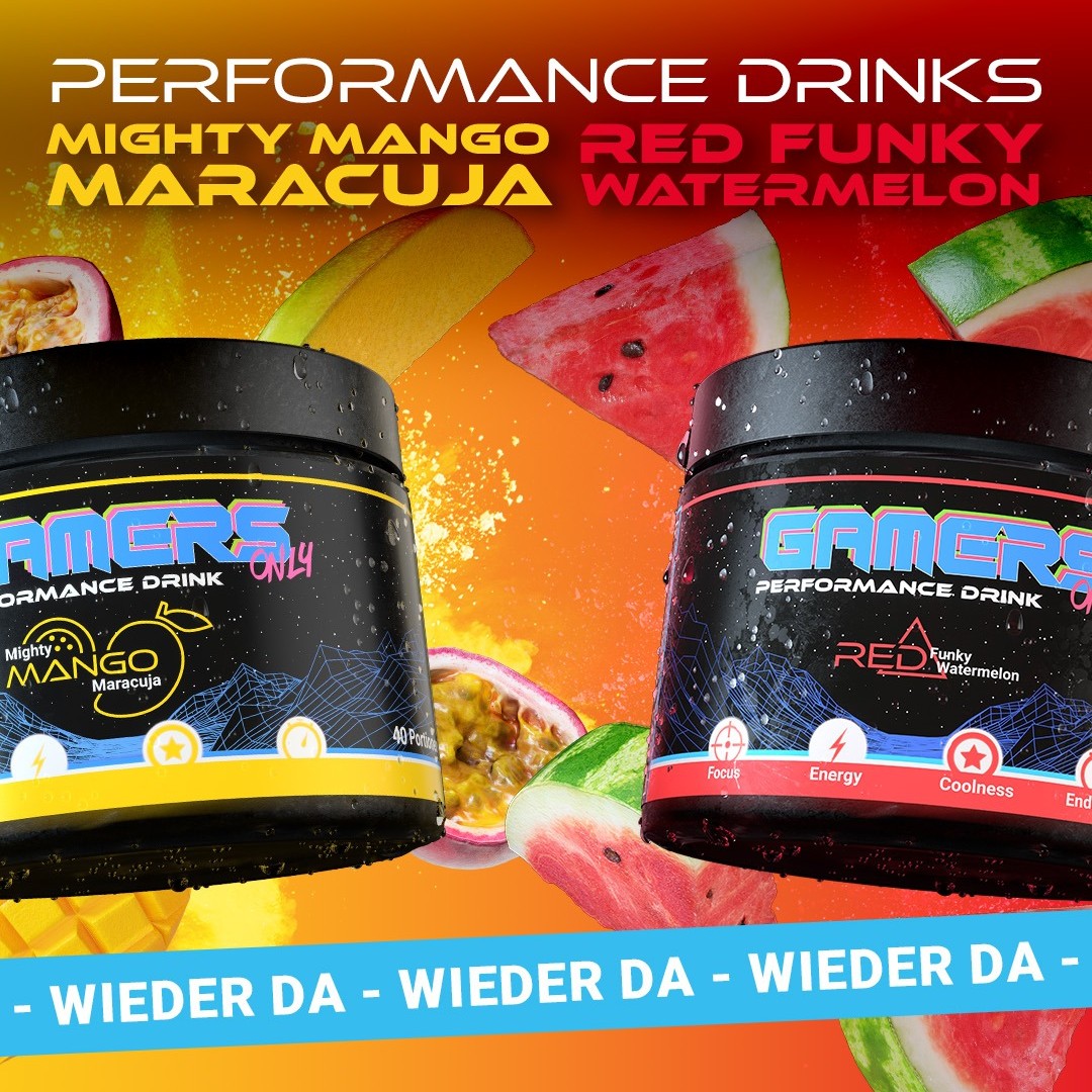 Zwei leistungssteigernde Getränke: Mighty Mango Maracuja und Red Funky Watermelon.