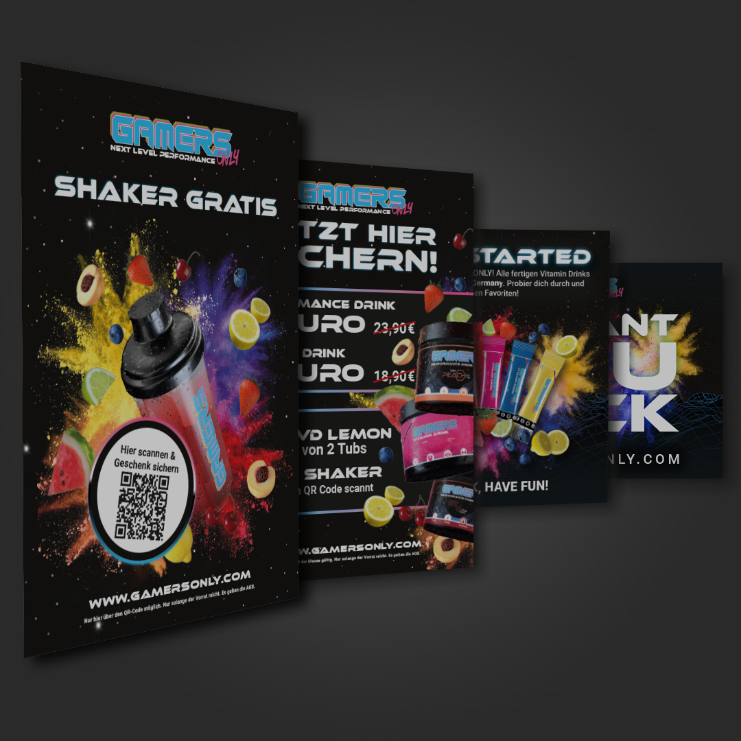 Werbung für Gamer-Drinks mit Angeboten und QR-Code für Geschenke.