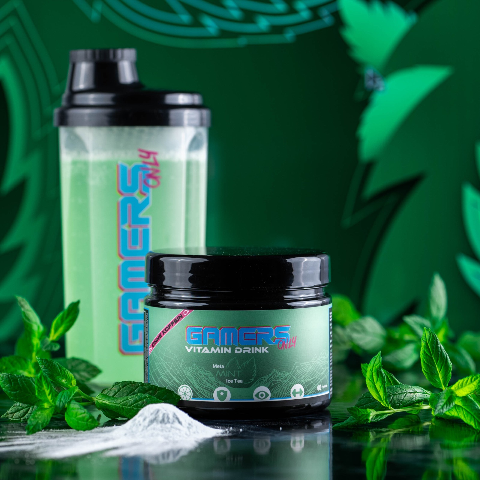 Vitamingetränk von Gamers Only, kombiniert mit frischer Minze und geschmackvollem Eistee.