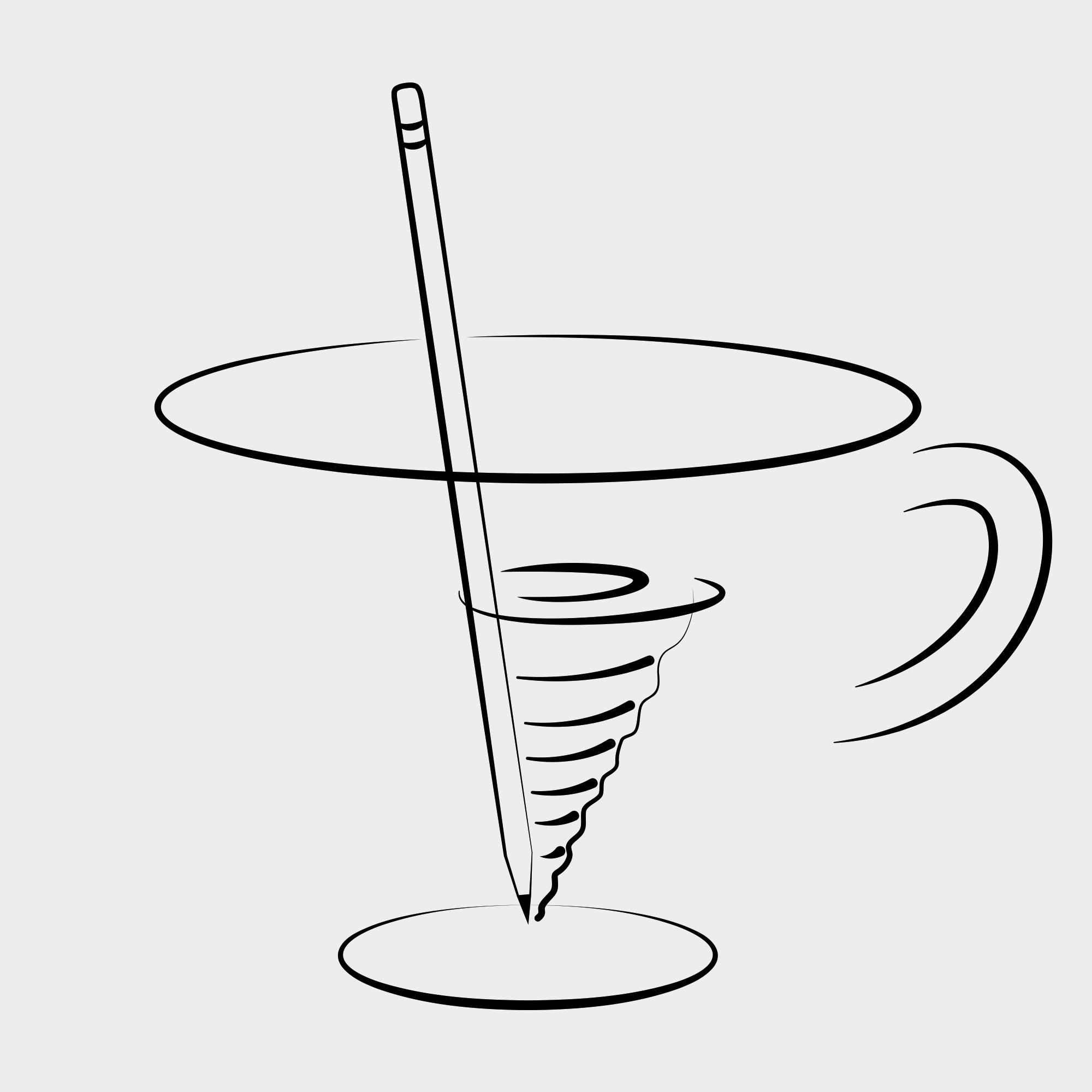 Ein minimalistisches Design einer Tasse mit einem Stift, der spiralförmig nach unten zeigt.