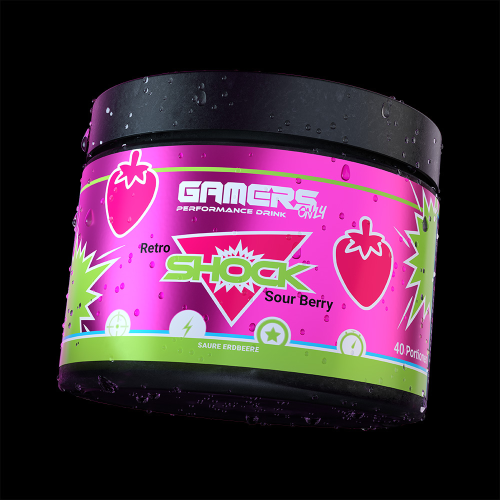 Pinkes Getränkepulver in einem Behälter mit dem Namen "GAMERS ONLY" und Geschmacksrichtung Sauere Erdbeere.