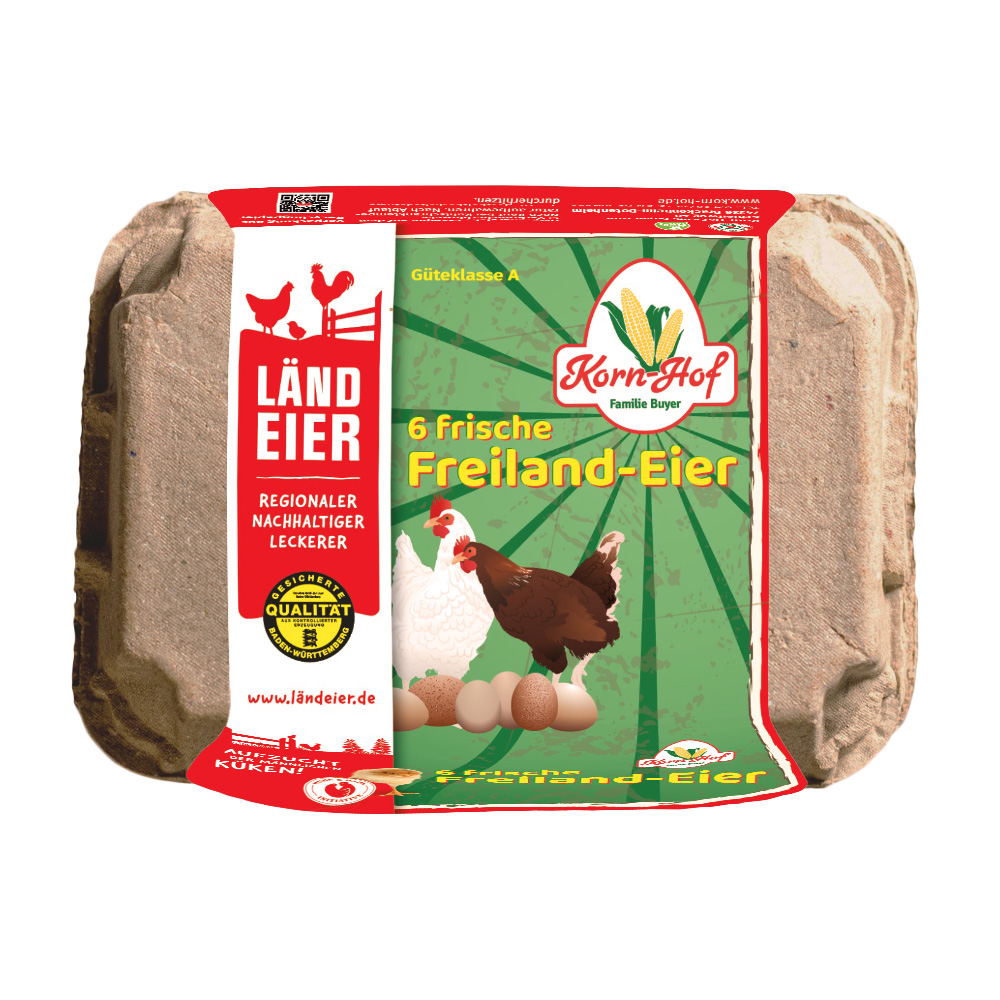 Packung mit 6 frischen Freiland-Eiern, regional und nachhaltig produziert.
